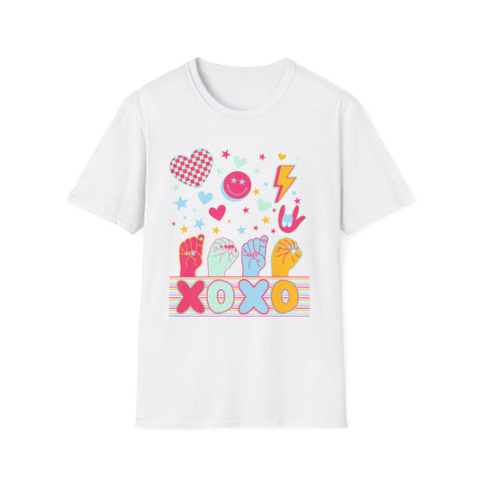 Colorful Retro Graphic Unisex T-Shirt - ASL American Sign Language XOXO, Hearts & Stars Design